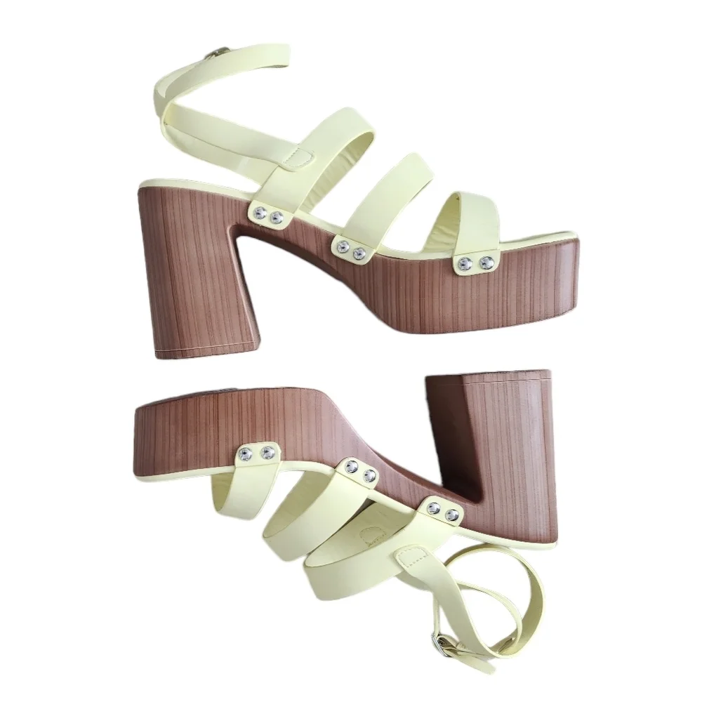 Forever 21 Strappy Block Heel Platform Sandals Size 9 Yellow Ankle Strap Light.